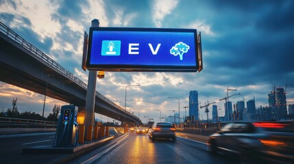 Electric Vehicle Charging Station with City Skyline