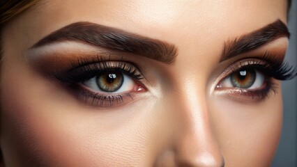 Naklejka premium Closeup of a woman's eye with defined brows, dramatic lashes, and subtle eye shadow, showcasing beauty and makeup artistry.