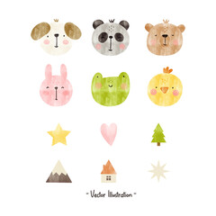 a collection of vector forest animals watercolor illustrations with a bear and a house, pine trees