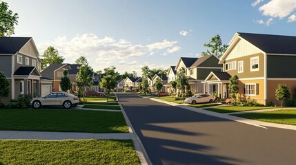 Naklejka premium A quiet suburban street lined with houses, with cars parked in front of them.