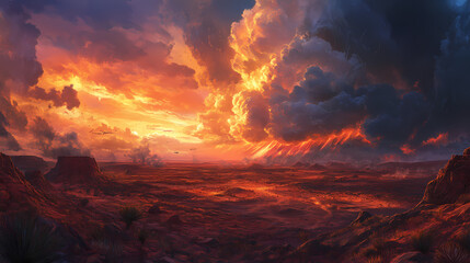 A dramatic image of storm clouds rising over a vast desert landscape, perfect for a product backdrop or international film festival poster. Monsoon. Illustration