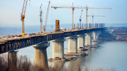 Obraz premium Construction of a large bridge over a river with several cranes and workers.