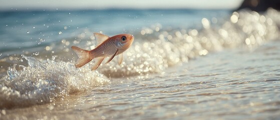 Obraz premium A vibrant fish leaps out of the clear blue water, splashing as it catches the sunlight. The scene captures the beauty of marine life in action.