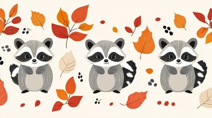 Obraz premium Cute Cartoon Raccoons with Autumn Leaves Pattern - Adorable Woodland Animals and Fall Foliage Illustration for Kids and Nature Lovers