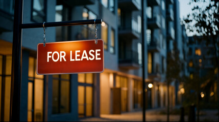 Obraz premium Apartment complex for lease sign illuminated at twilight, promoting Real Estate
