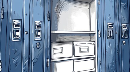 An open blue locker with two shelves and two boxes on the top shelf.
