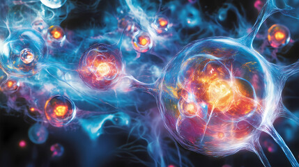 Obraz premium Subatomic particles in a quantum tunneling event, depicted as a vibrant light show. Quantum. Illustration