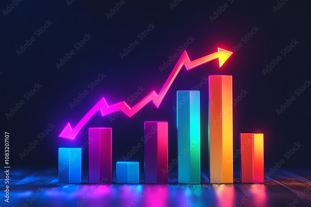 Poster Colorful bar graph with an upward trend displayed on a dark background representing positive growth and data analysis. Generative AI