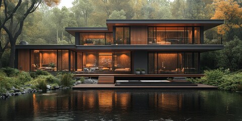 Obraz premium Modern house with wooden deck and pond reflecting the warm light inside.