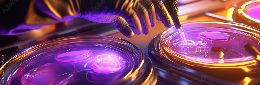 Poster a scientist uses a pipette on petri dishes under purple light in a laboratory setting.