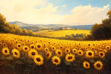 Obraz premium A vibrant sunflower field under a blue sky, showcasing nature's beauty and tranquility.