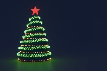 Minimalist neon Christmas tree with glowing green spirals and red star on a dark blue background modern festive design for seasonal or digital artwork themes