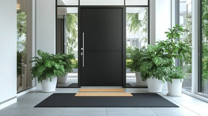 A modern townhouse entrance showcasing a matte black door, framed by large white windows. Lush green potted plants add freshness, while a warm welcome mat rests on the doorstep.