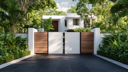 a modern white gate featuring wood accents, leading to a contemporary two-storey house. The driveway is paved with dark tiles, contrasting beautifully with the lush greenery around.