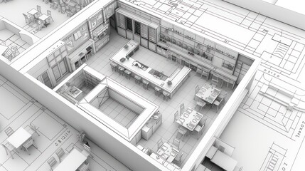 3D blueprint of a restaurant with tables, bar, and kitchen.