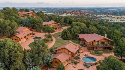 Create a mountain dream retreat layout with rustic guest lodges in nature's embrace