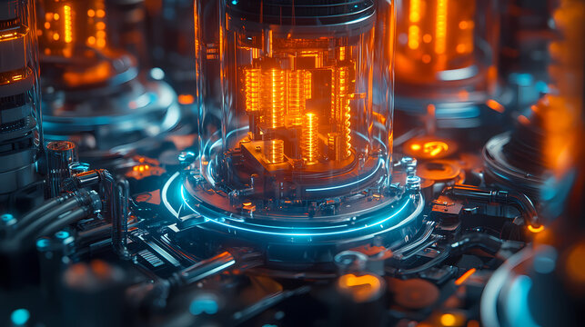 Illustration of a quantum computer core, visualized with glowing qubits and intricate circuitry in a high-tech lab environment. quantum computer. illustration. Quantum. Illustration