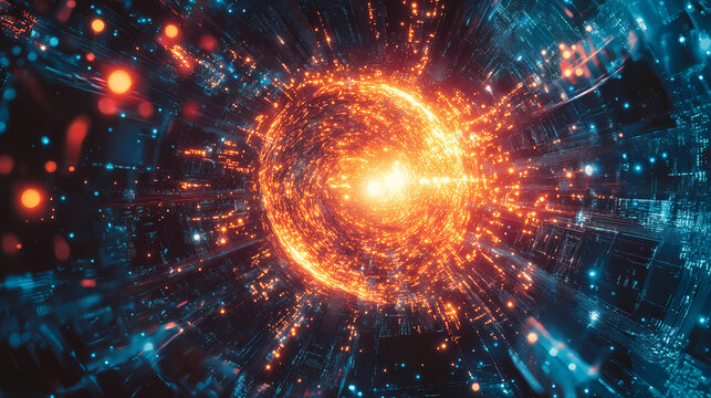 Illustration of a quantum computer core, visualized with glowing qubits and intricate circuitry in a high-tech lab environment. quantum computer. illustration. Quantum. Illustration