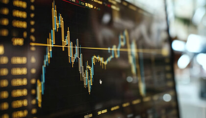 Close-up image of a digital stock market chart displaying fluctuating prices, highlighting trends and data analysis in a financial setting with blurred background elements.