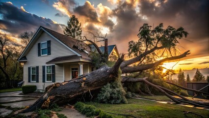 Fototapeta premium Silhouette of a Fallen Tree on Damaged House After Storm, Capturing the Destruction and Aftermath of Nature's Fury in a Striking Contrast of Light and Shadow