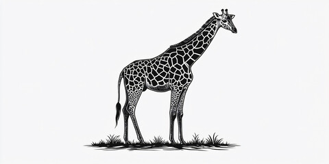 Obraz premium A black and white illustration of a giraffe standing tall on a white background.