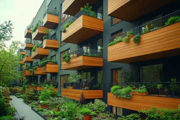 Fototapeta premium White modern residential building with green plant walls. Sustainable living, ecology and green urban environment
