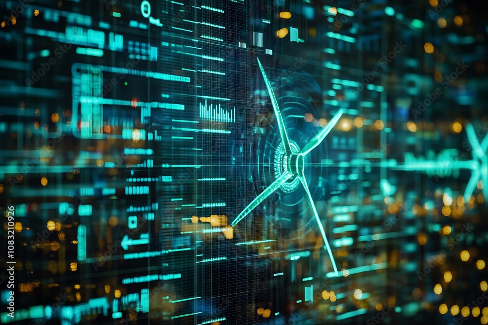 Poster abstract digital interface with glowing elements and data visualization.