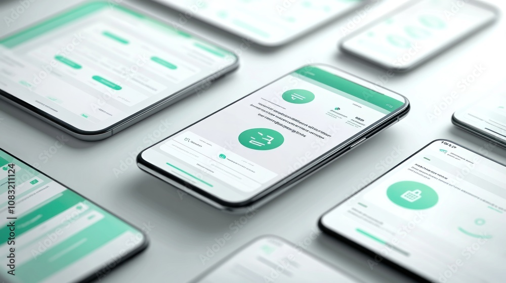 Poster A collection of smartphones displaying a modern app interface with various features.