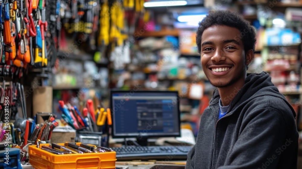 Poster a smiling young man in a workshop surrounded by tools and a computer.