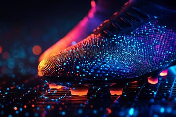 A close-up view of colorful illuminated soccer shoes on a dark surface during a nighttime match. Generative AI