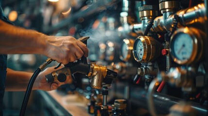 A worker's hand operates a valve on a steam-powered industrial machine.
