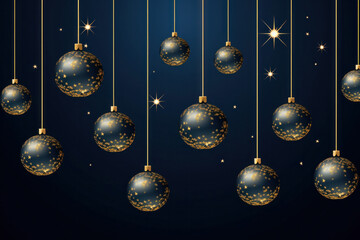 Blue Christmas balls with a gold pattern on a blue gradient background with stars.