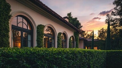 Naklejka premium The exterior of a sprawling luxury mansion with climbing vines and glass doors is captured at golden hour for real estate and branding projects.