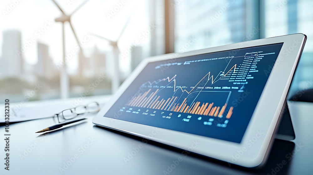 Poster a tablet displaying a financial graph with orange and blue data visualization in an office setting.