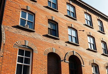 Obraz premium A vintage apartment building stands majestically, its weathered brick facade bathed in warm sunlight, with intricate mortar lines and classic archways on full display.