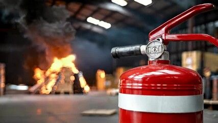 A fire extinguisher in focus with a fire burning in the background.