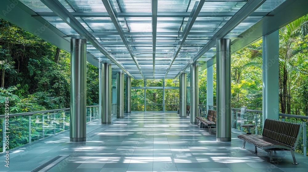 Aufkleber a modern walkway surrounded by lush greenery, designed for relaxation and connection with nature.