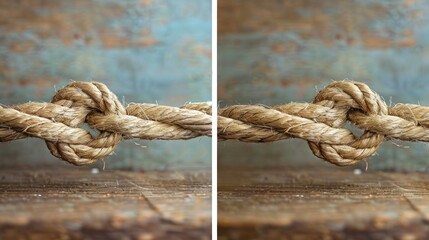 Fototapeta premium A close-up shot of a rope tied in a knot. The rope is brown and textured, and the knot is in focus. The background is a blurred wooden surface.