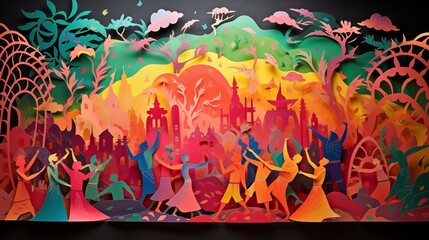 Fototapeta premium Paper cut of a vibrant Holi festival scene with dancing and colorful powders,generative ai illustration