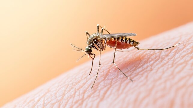 Close-up of a Mosquito Drinking Blood from a Person's Hand, Detailed Macro Shot