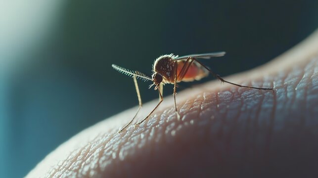 Close-up of a Mosquito Drinking Blood from a Person's Hand, Detailed Macro Shot