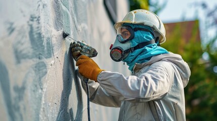 Obraz premium A construction worker wearing a protective mask, helmet, and gloves uses a power drill to work on a wall.
