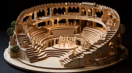 Fototapeta premium Paper cut of an open-air amphitheater with seating and a central stage,generative ai illustration