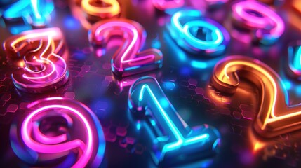 Fototapeta premium Neon numbers on a dark background with glowing hexagons.
