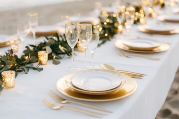 Fototapeta premium Elegant dining setup with gold accents, lush greenery, and soft lighting for a memorable celebration.
