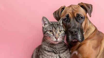 Obraz premium A cat and dog pose together against a pink background, showcasing their friendship.