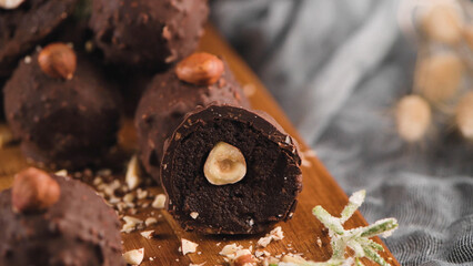 Dark chocolate truffles with hazelnuts