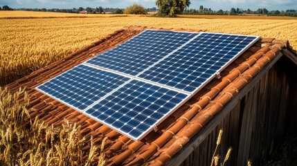 Solar panels installed on a rustic red-tiled roof of a farmhouse, surrounded by golden wheat fields. The combination reflects a harmonious relationship with nature.