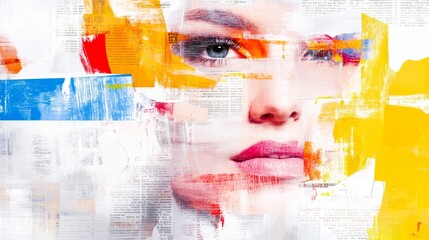 Obraz premium Abstract female portrait blended with newspaper textures, vibrant red and blue accents.