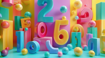 Colorful 3D numbers and spheres in a playful arrangement.